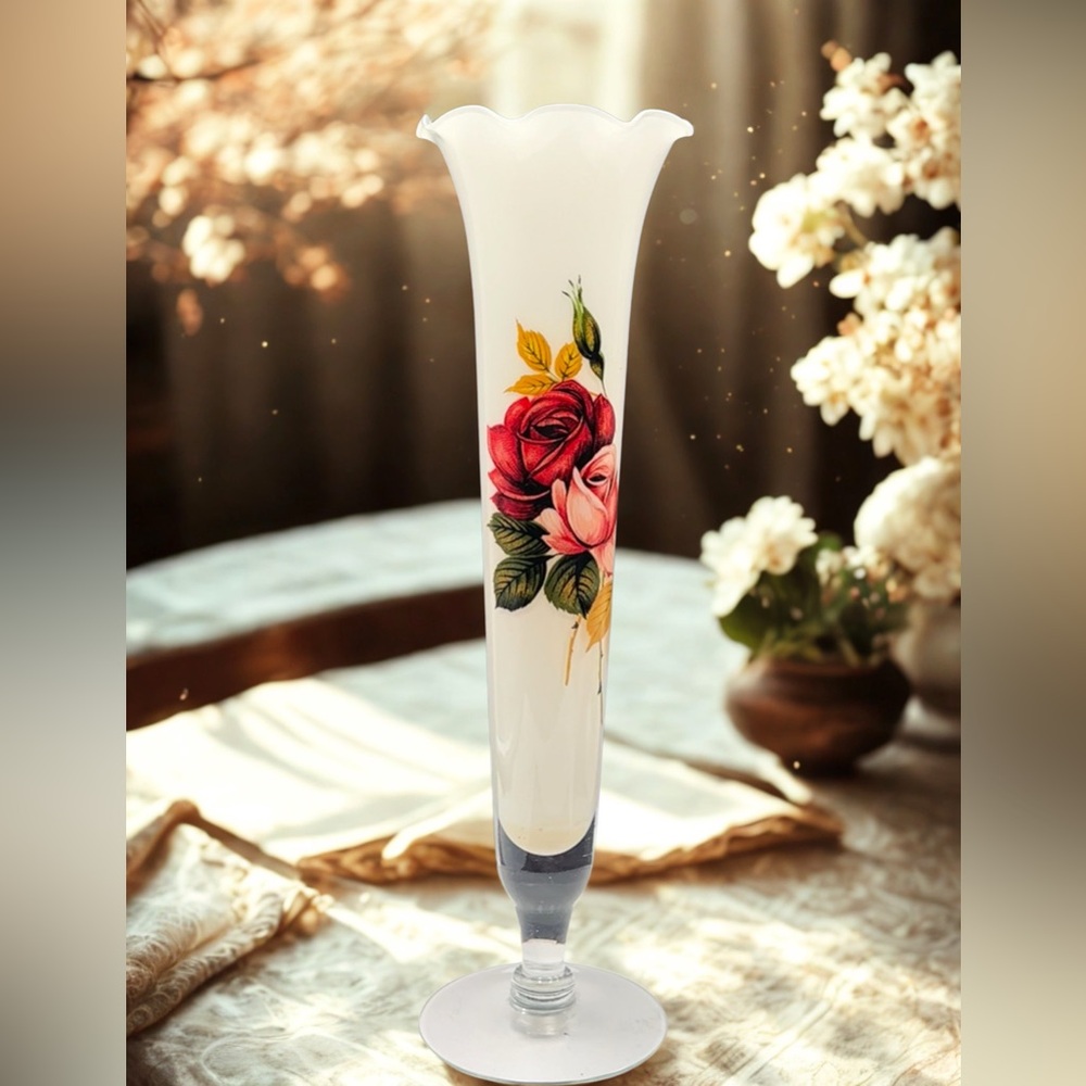 Vintage White Bud Vase with Roses